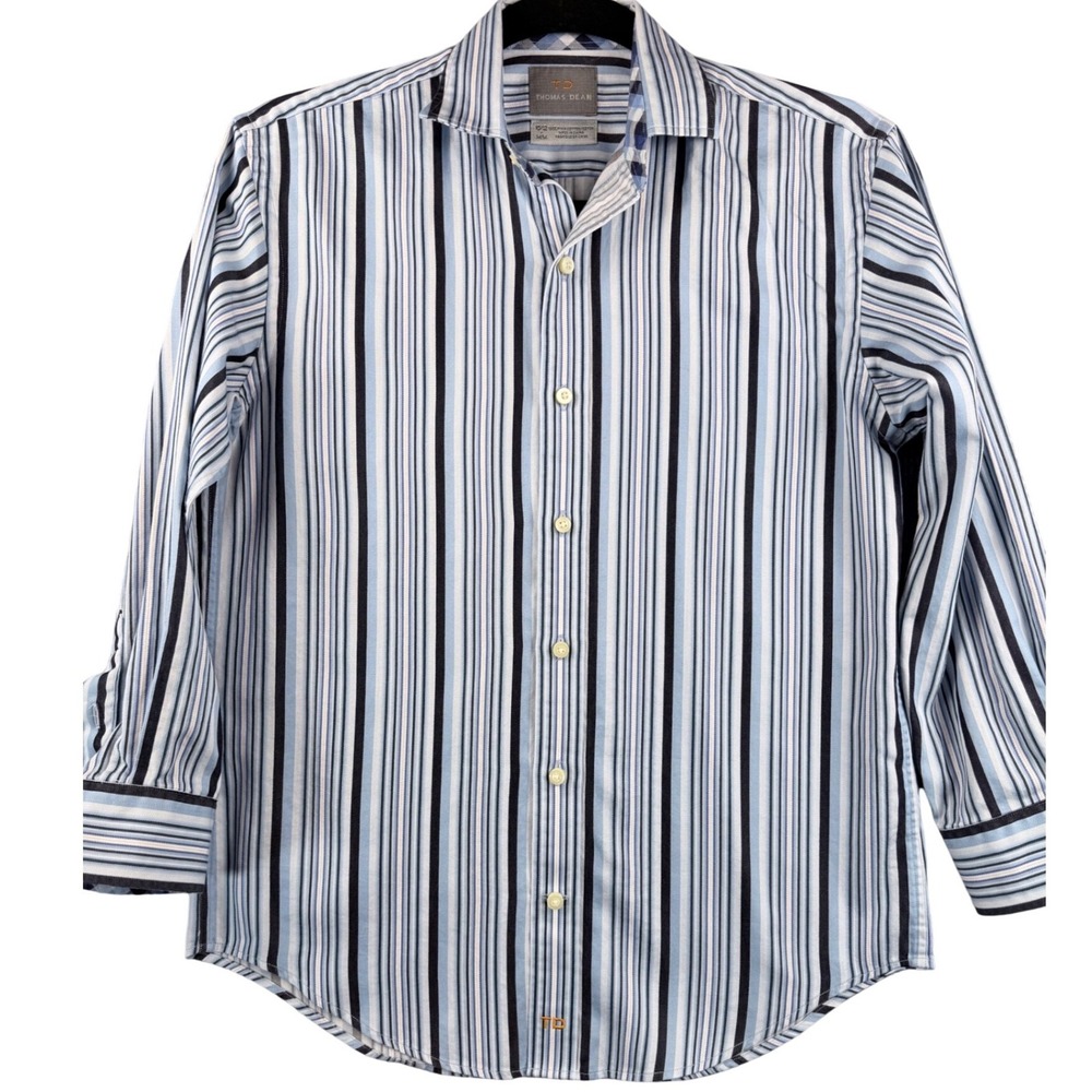 Thomas Dean Womens Blue White Striped Pima Cotton Button Down Shirt Size M
